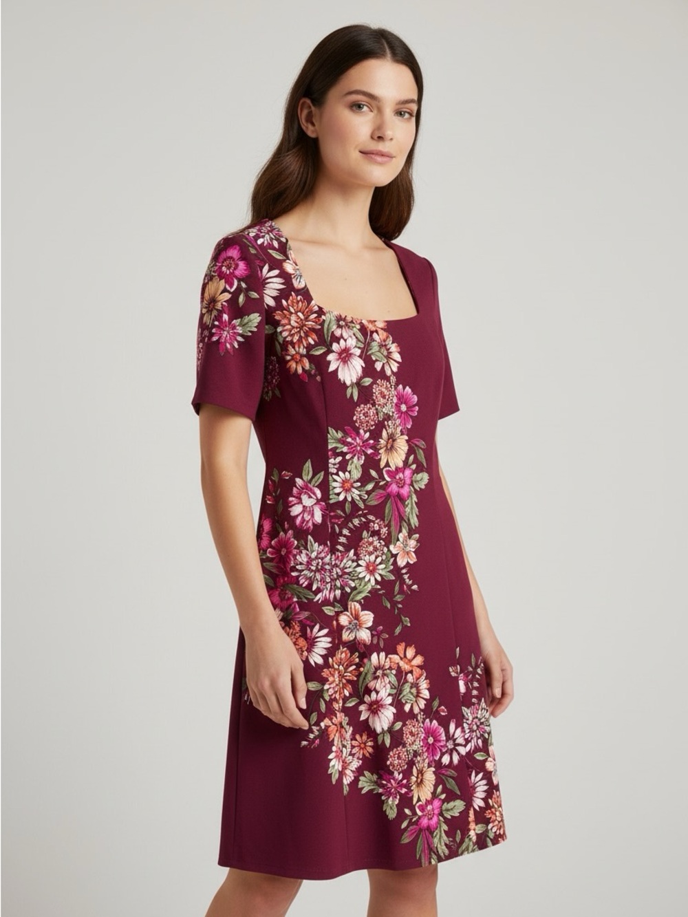 New London Times Berry Floral Square-Neck A-Line Dress size 16 W